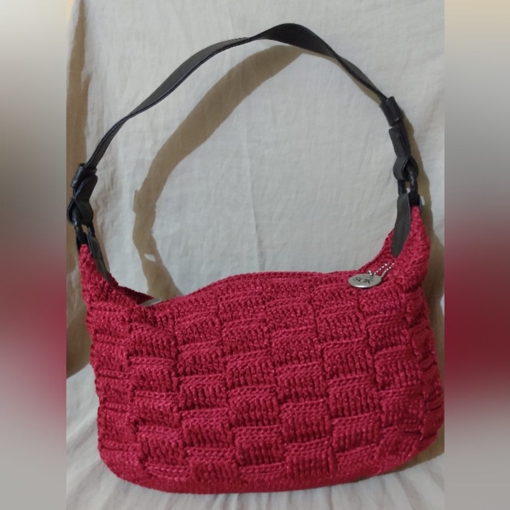 😍 The SaK Red and Leather Crochet Handbag Shoulders bag Purse 👛